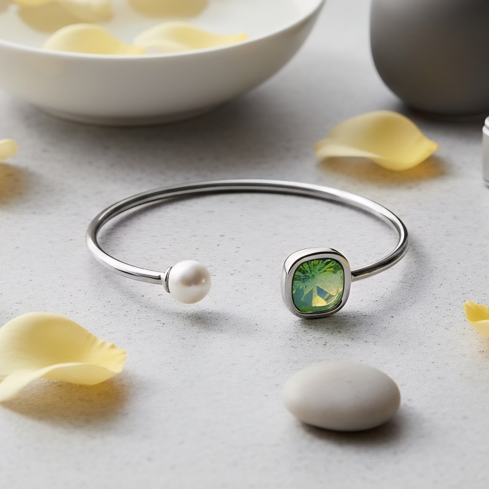 18k White Gold Plated Open Cuff Bangle Bracelet Pearl & Green Crystal Accent